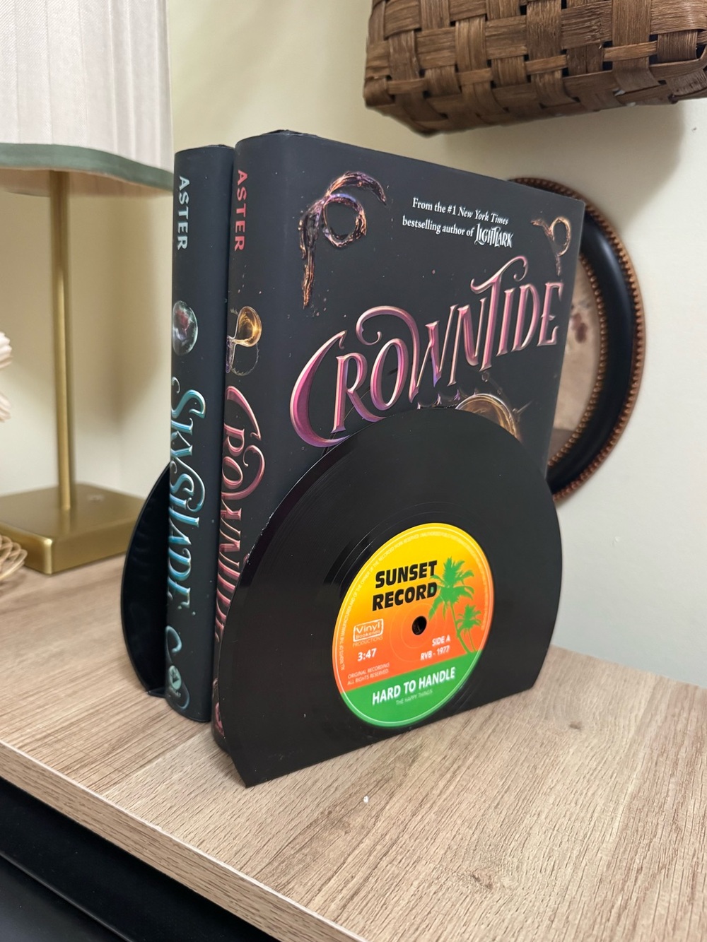 Black Vinyl Record Bookends with Sunset Record Accent Book Decor Book Ends